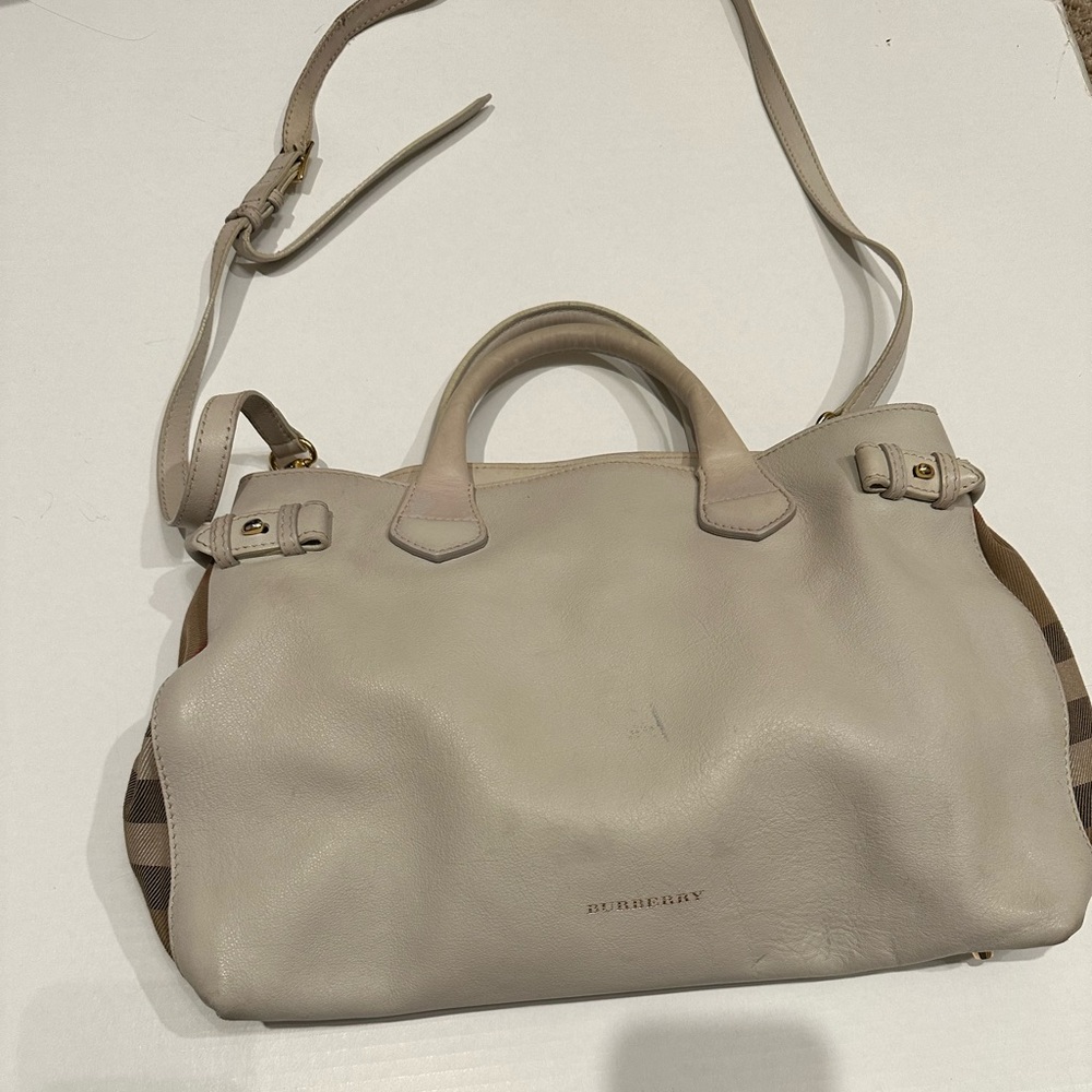 Authentic Burberry leather handbag. Haymarket plaid. Used